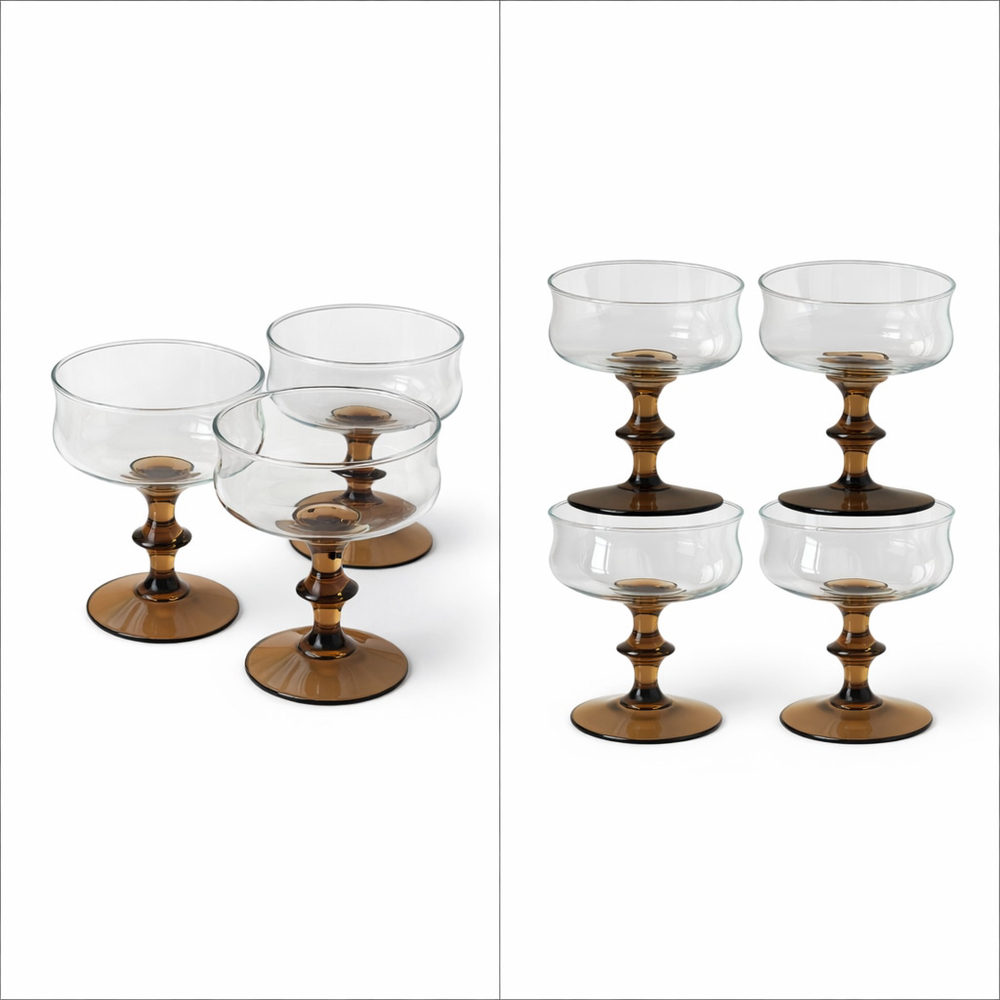 Vintage Libbey Smoked Glass Champagne Coupes Set of 4 1970s Brown Stem